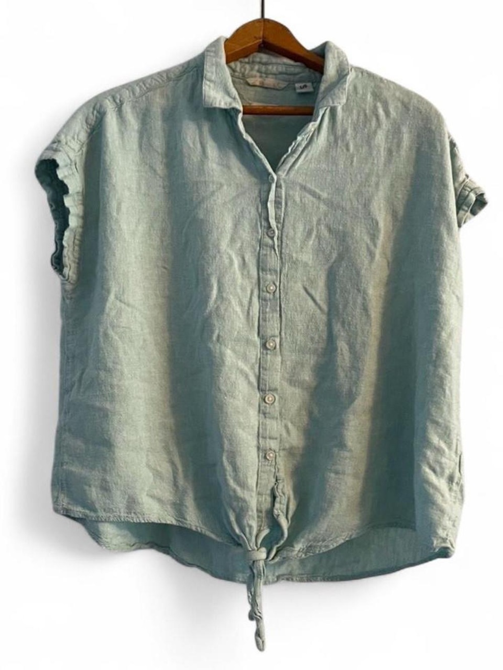 Weatherproof Washable Linen Women's L Teal Turquoise Blue Tie Front Summer Top